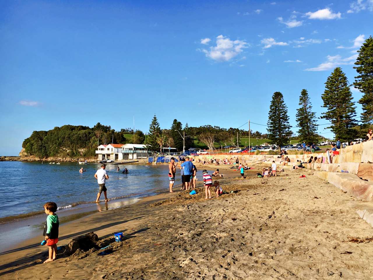 Children dig in the sand at The Haven in Terrigal, NSW - a protected cove surrounded by pine trees, grassed areas perfect for picnics and a boat ramp for fishermen.
