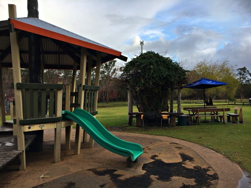 Warnies Railway Cafe play area, Warnervale Playing in Puddles